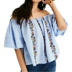 American Eagle Periwinkle Off Shoulders Bubble Sleeve Boho Floral Top Size XS